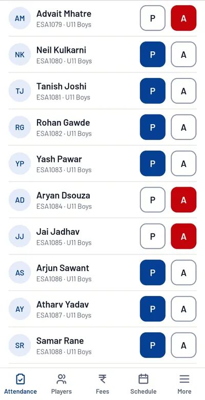 Attendance screen: each player has a P for present and an A for absent button
