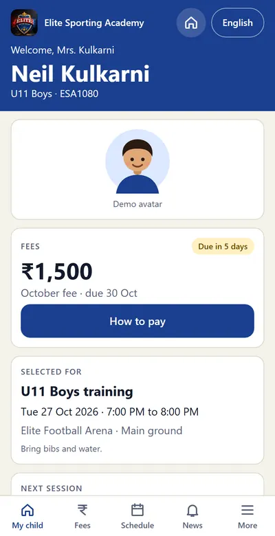 Parent screen: a child's profile picture, fee amount and due date, a How to pay button, the squad a child is selected for, and the next session