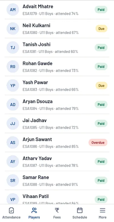 Players screen: each player shows attendance percentage and a Paid, Due or Overdue fee tag